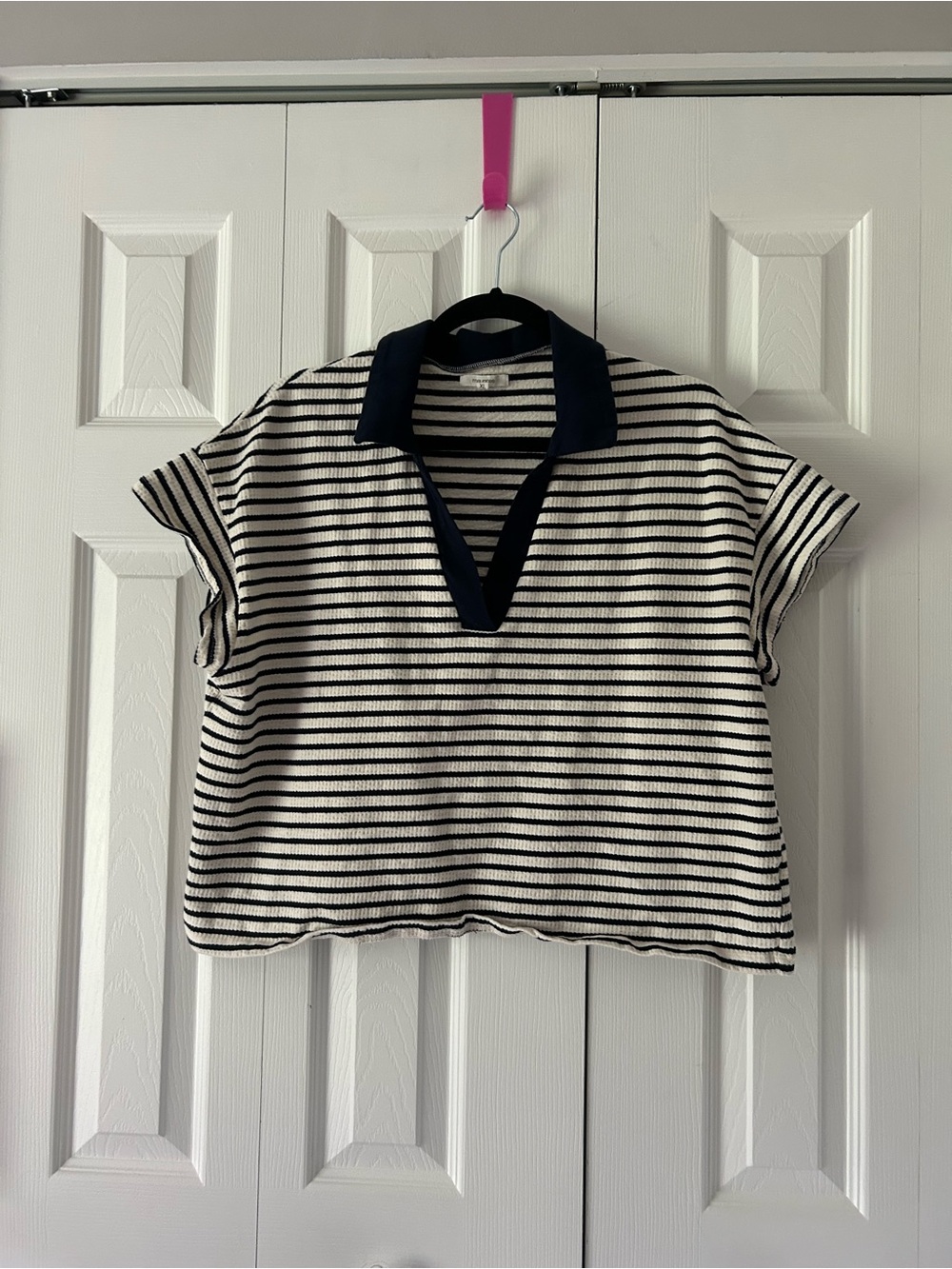 Navy & White Striped Polo Top
